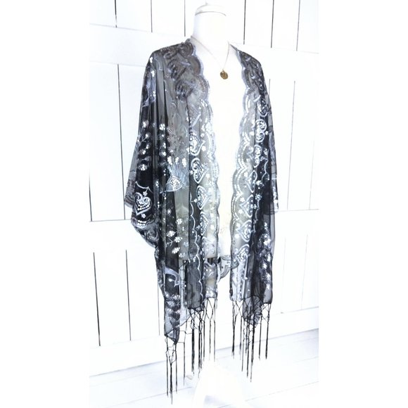 Sheer black net metallic silver sequin peacock fringe gypsy festival kimono/bead - Picture 3 of 5
